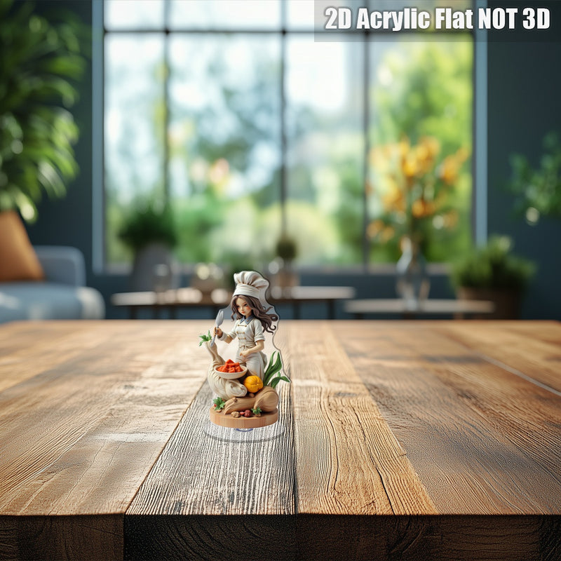 Decoración de chef femenina en cristal plano 2D - Adorno giratorio para mesa con tenedor y cuenco de ingredientes, ideal para decoración de cocina o regalo temático de cocinero | Diseño optimista y detallado, 2D plano