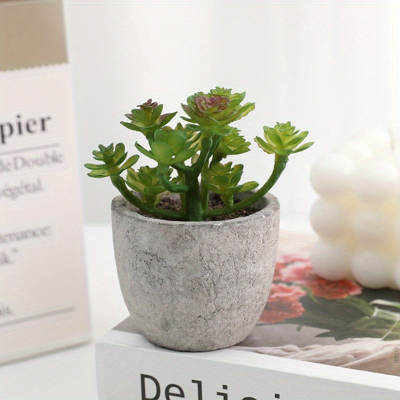 Juego de 10 Mini Suculentas Artificiales - Plantas Falsas de Plástico Modernas en Macetas de Concreto Gris para Decoración del Hogar, Jardín, Acuario y Bonsái