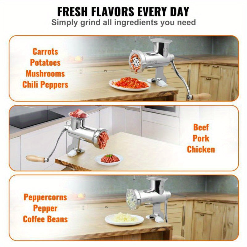 Molino de carne manual de acero inoxidable - Herramienta de cocina con manivela para picar carne y verduras, procesador de alimentos multifuncional no eléctrico con mango ergonómico, diseño duradero para cocina en casa, molino de verduras, acabado metáli