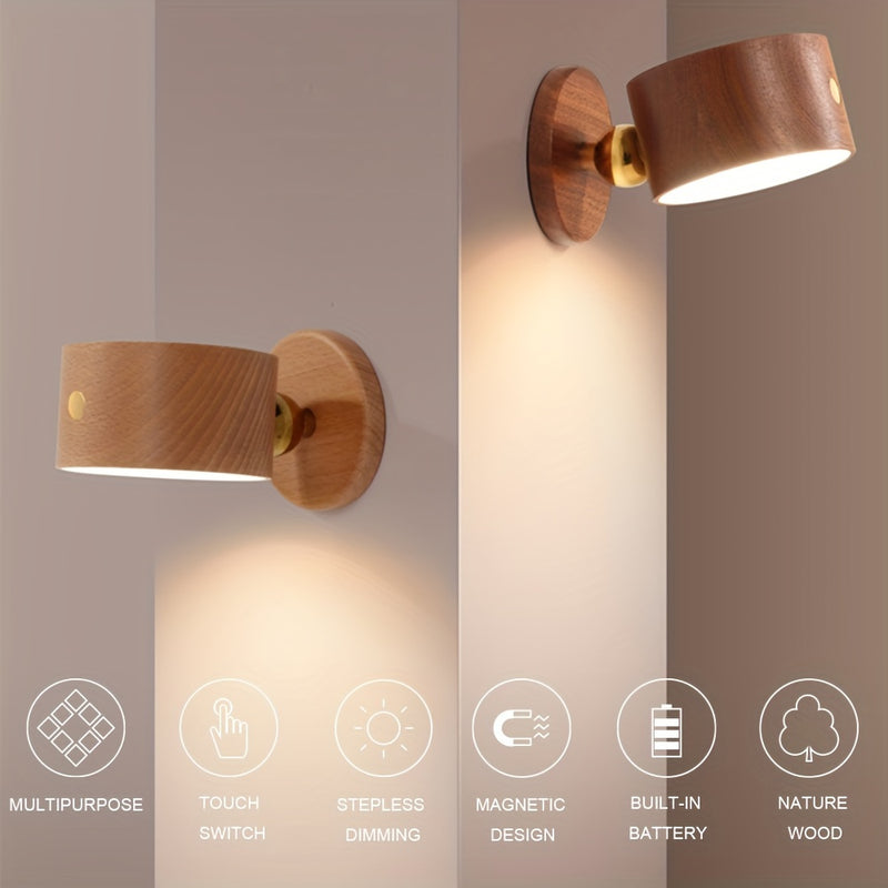 2 piezas de luces de pared LED con control táctil, regulación sin pasos, luces de lectura giratorias de 360°, batería de litio recargable, diseño moderno de madera con cable de carga USB, brillo ajustable, iluminación de cabecera | Lámpara de pared moder