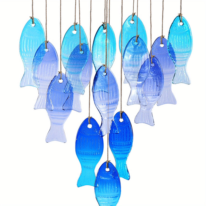 Campanilla de Viento de Pescado de Vidrio Azul Hecha a Mano - Gran Decoración Colgante para Exteriores/Interiores con Pez Esférico Vibrante, Sin Necesidad de Electricidad para Jardín, Patio, Fiestas en la Playa, Bodas y Festividades (Halloween, Navidad,