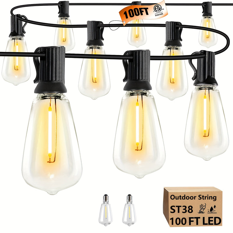 Luces de cadena LED ST38 de 30.48 metros / 15.24 metros / 7.62 metros / 3.96 metros para patio exterior. Colgante impermeable, conectables. Enchufes americanos. Cable . Guirnalda para fiesta terrestre. Para bodas en el jardín, Navidad al aire libre. Deco