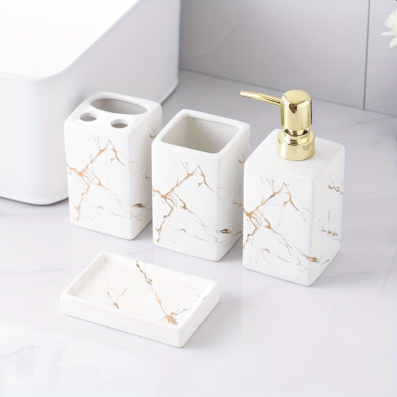 Juego de 4 piezas de accesorios para baño en blanco y negro con baño de oro: dispensador de jabón a presión, dispensador de gel de baño, contenedor de champú, portacepillos y jabonera