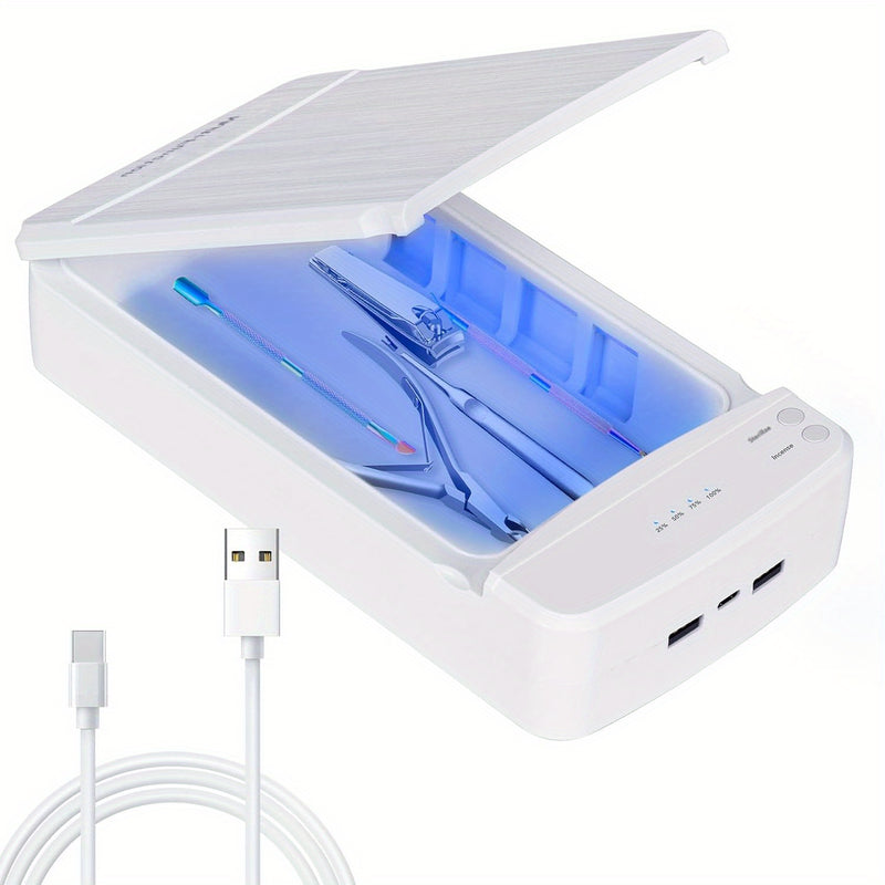 Caja de limpieza portátil para herramientas de uñas con luz azul, esterilizador USB para manicura, pedicura, pinzas, tijeras y suministros de salón, estuche plástico compacto sin pantalla, alimentado por USB para el hogar, recolector de polvo de uñas, eq