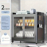 Estante de secado de platos de varios niveles moderno negro con puertas dobles a prueba de polvo, ganchos para utensilios y bandeja de goteo - Organizador de almacenamiento de cocina que ahorra espacio para platos, tazones y utensilios, estante de secado