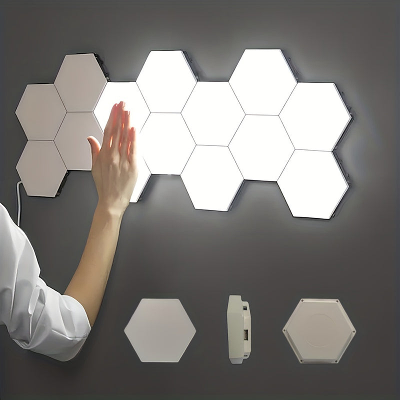 6-Pack de luces LED hexagonales de pared con control táctil, montaje DIY, iluminación blanca neutra de bajo consumo con luz nocturna táctil, material plástico, montaje en pared, iluminación hacia arriba, alimentación USB, no incluye batería.