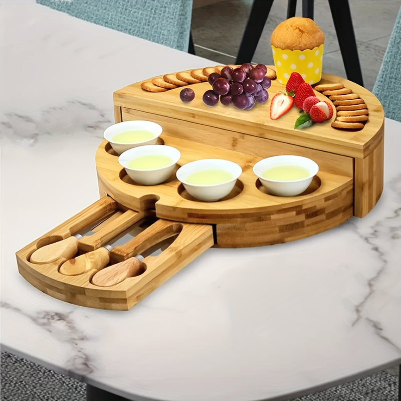 Tablero de queso de bambú plegable con almacenamiento integrado y utensilios para Ramadán y reuniones