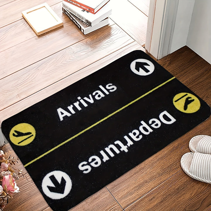 Alfombra de entrada con diseño de avión, 1 unidad, tema llegadas y salidas, felpa de cristal suave, lavable a máquina, negro con diseño de horario de vuelos en amarillo/blanco, rectangular, para entrada, sala, decoración para todo el año, decoración de a