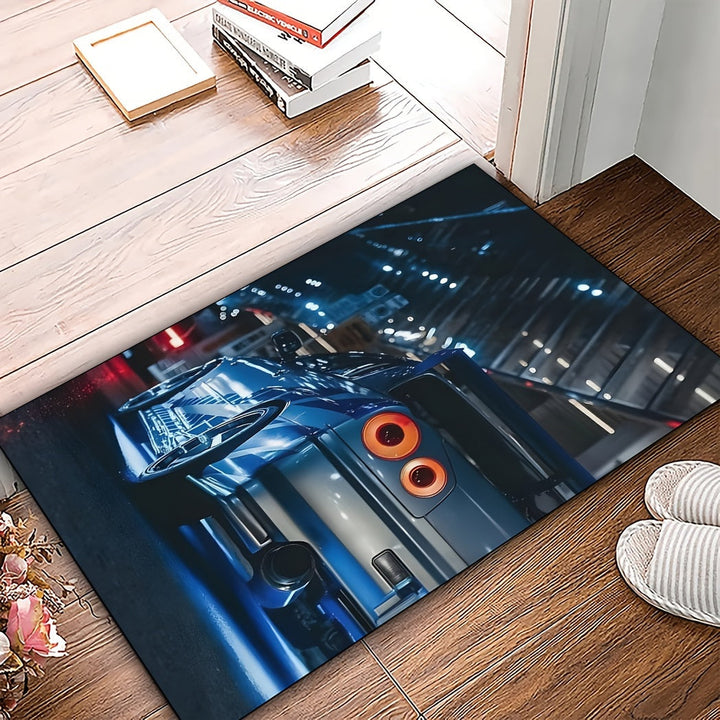 Alfombra de Área de Coche Deportivo Azul Lujosa - Antideslizante, Lavable a Máquina, Poliéster, Perfecta para Sala de Estar, Dormitorio, Bar y Habitaciones Juveniles - Disponible en 19x31/31x47/47x62/62x90 Pulgadas