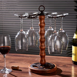 Elegante estante para copas de vino de mesa con estilo europeo de hierro pulido con acento de madera, duradero soporte para botellas decorativo para bares y hogares con colgador de vidrio incorporado - Capacidad para 6 copas
