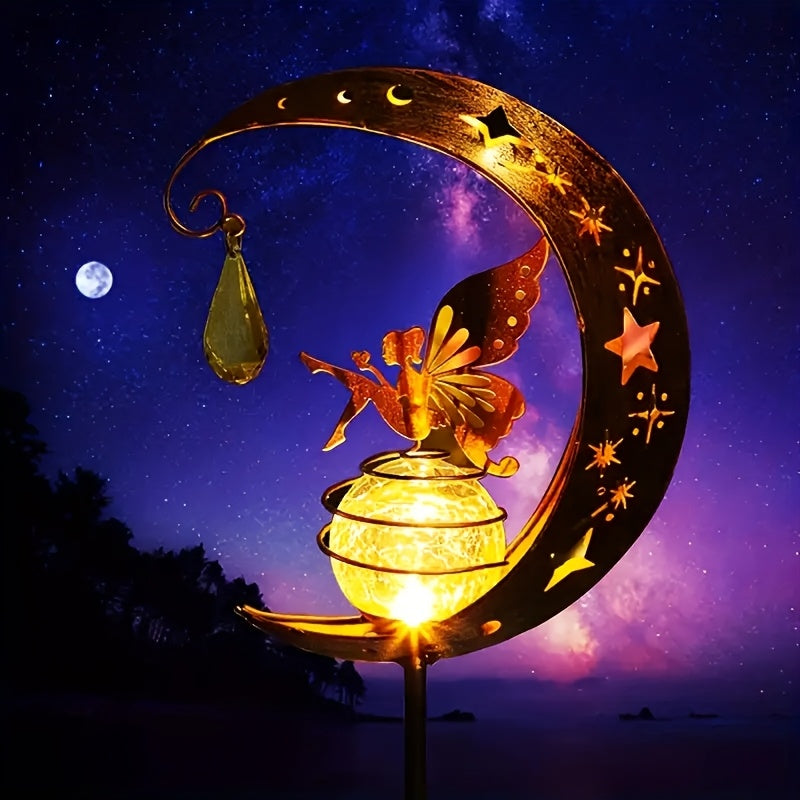 1 Luz de Jardín Solar Hada Luna de Hierro - Decoración Exquisita al Estilo Cuento de Hadas para Patios, Senderos y Gazebos