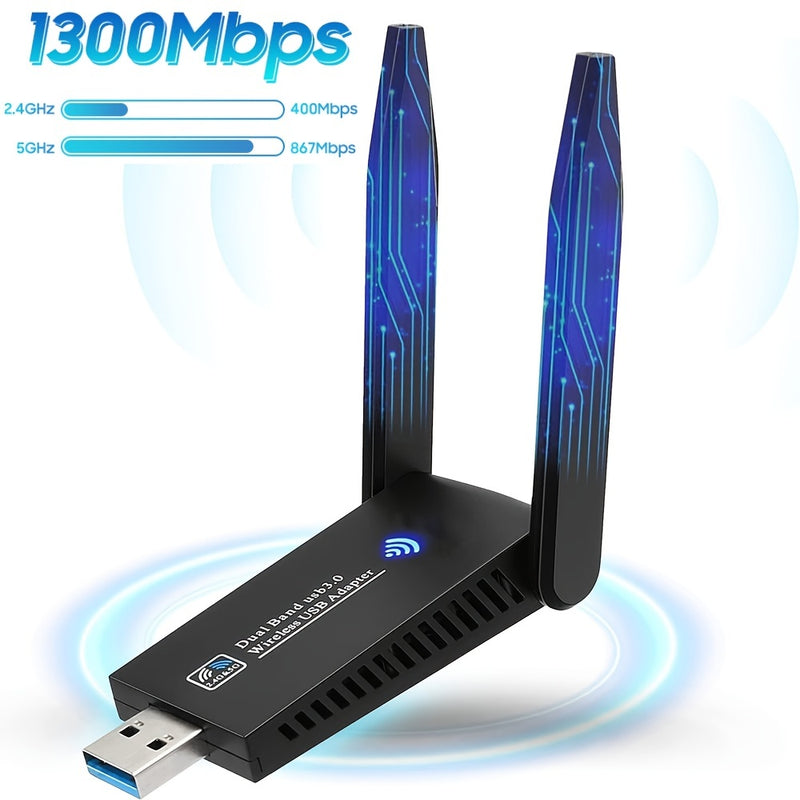 Tarjeta de Red Inalámbrica AC1300m USB para Win10, Tarjeta de Red sin Disco, Receptor y Transmisor WiFi, Conectividad Inalámbrica|Antenas Elegantes|Carcasa Duradera