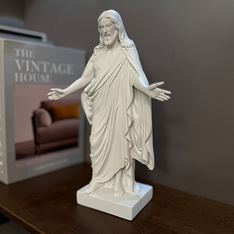 Estatua de Jesús de resina artesanal - Elegantes ropas blancas con halo dorado, decoración serena para interiores, perfecta para sala de estar, regalo ideal para Navidad, Acción de Gracias y devoción cristiana.