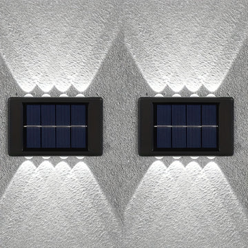 6 piezas de 8 luces solares para paredes exteriores, luces decorativas para patio, villa y jardín, luces de valla y sendero, luces de porche de jardín, luces pequeñas para paredes, luces convexas con luz ascendente y descendente, adecuadas para jardines,