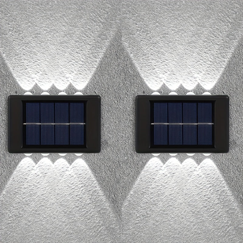 6 piezas de 8 luces solares para paredes exteriores, luces decorativas para patio, villa y jardín, luces de valla y sendero, luces de porche de jardín, luces pequeñas para paredes, luces convexas con luz ascendente y descendente, adecuadas para jardines,