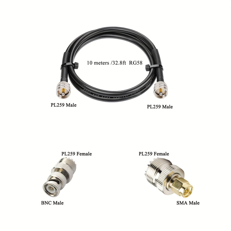 Antena GMRS de 25 pies, 1300 MHz, con cable de 10 metros y conectores PL-259 y SMA. Soporta transmisiones de radio HF, AIR, UHF, VHF, FM, AM, FRS y Diamond Conical. Funciona a 1090 MHz, sin carga, sin batería. Mejora el señal AM/FM. Fácil instalación. An