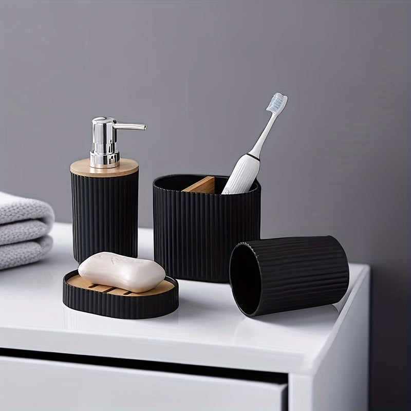 Juego de 4 piezas para baño con tapa de bambú, botella dispensadora al presionar, portacepillos, jabonera, esponja para jabón y soporte para accesorios