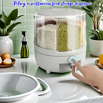 Balde de Arroz (Capacidad 4.54-6.8 KG), Dispensador de Almacenamiento de Granos, Caja para Granos Secos Giratoria 360°, 6 Compartimentos de Fácil Acceso para Granos Pequeños y Legumbres en la Cocina, ¡Caja de Almacenamiento de Arroz con Salida a Un Toque!