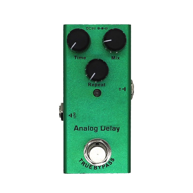 Pedal de efectos para guitarra eléctrica MINI con retardo analógico, bypass verdadero, mezcla de tiempo y repetición, incluye fuente de alimentación de 9V, color verde profundo.
