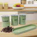 Juego de 3 Tarros para Azúcar, Café y Té, Almacén de Alimentos de Metal Hermético, Tarros de Cocina con Bandeja, Verde