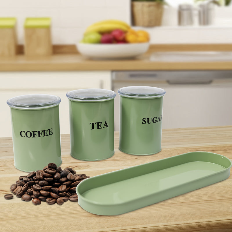 Juego de 3 Tarros para Azúcar, Café y Té, Almacén de Alimentos de Metal Hermético, Tarros de Cocina con Bandeja, Verde