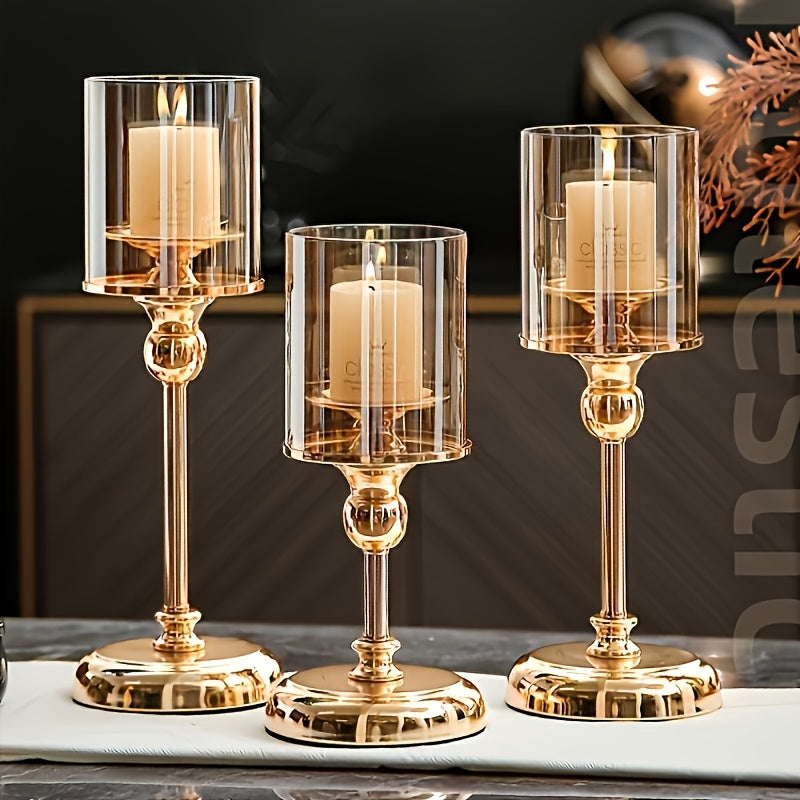 3 piezas Elegantes Portavelas de Metal y Cristal Dorado - Perfectos para Cenas Románticas, Cumpleaños, Bodas, Decoraciones para el Hogar y Hoteles | Ideales para Navidad, Halloween, Pascua, Janucá, Acción de Gracias
