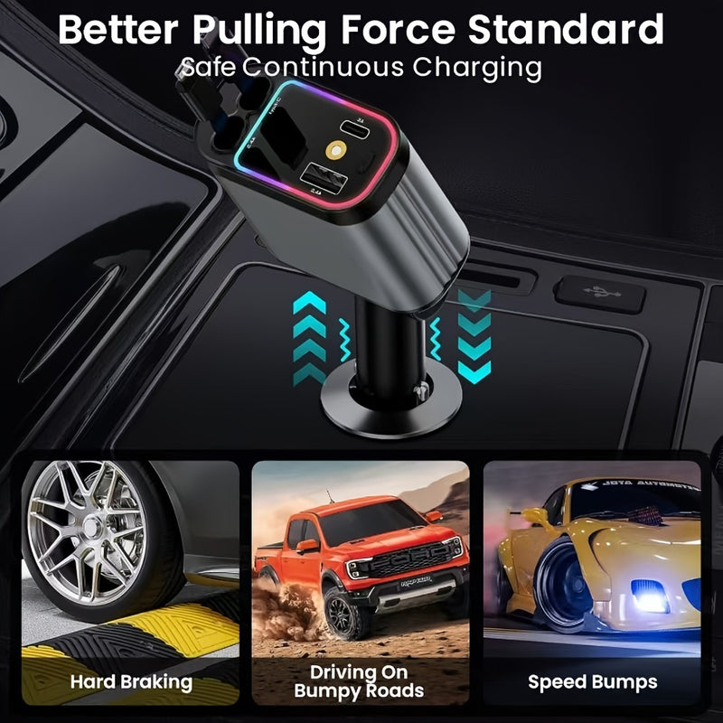 Cargador de coche USB C rápido 4 en 1 con luz ambiental de cielo estrellado (luz roja), 66W, con cable retráctil doble y puerto dual USB, artefacto romántico para vehículo, carga simultánea para 4 dispositivos, ángulo ajustable de 180°, compatible con iP