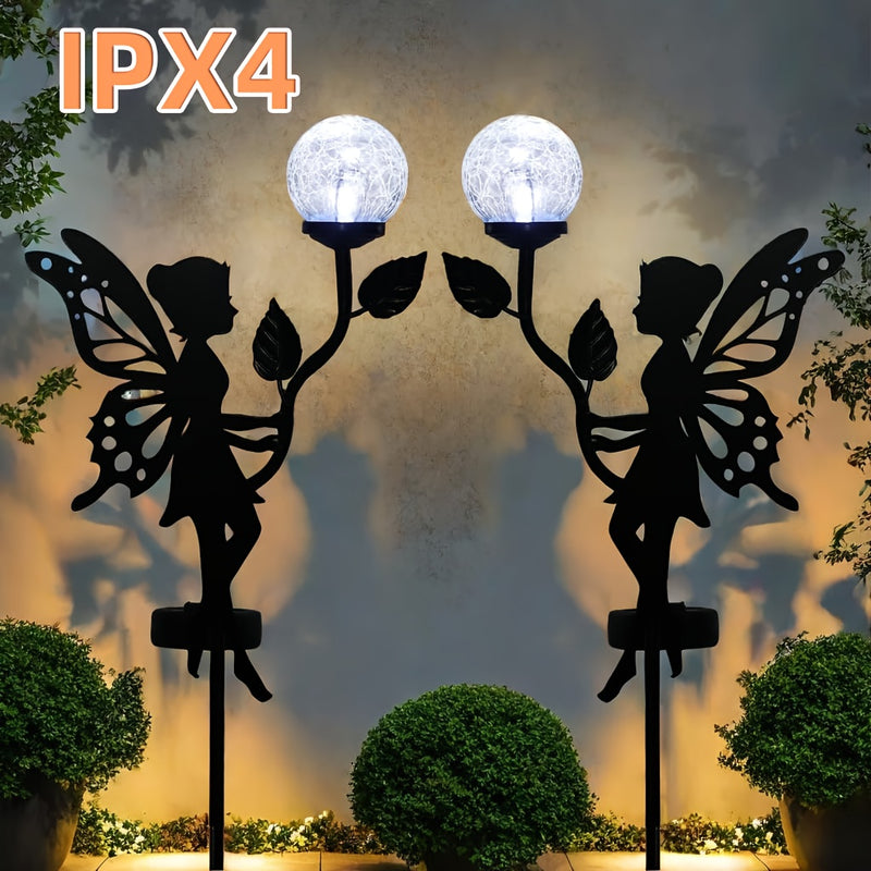 2 Piezas de Decoración Solar para Jardín de Hadas, Estatuas de Metal con Globos de Vidrio Craquelado y Luces, Silueta IPX4 para Exteriores, Patio, Jardín, Caminos, Regalos de Jardinería para el Día de la Madre, Decoración para Exteriores y Césped