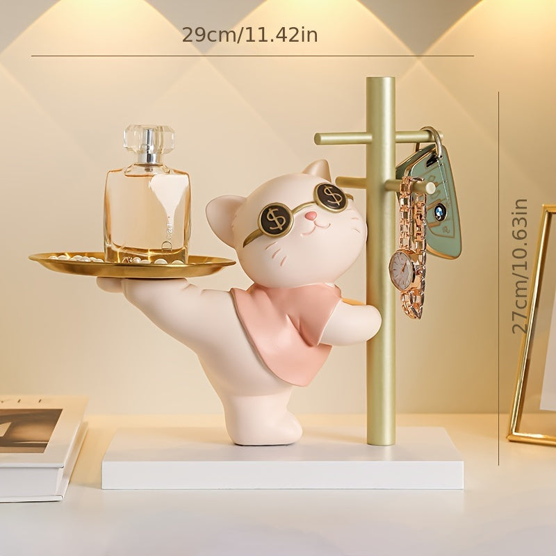1 pieza, Figurita de gato de la suerte de resina con bandeja dorada, soporte para llaves y joyas, organizador de almacenamiento decorativo para accesorios, acento de decoración del hogar, idea de regalo perfecta, soporte de exhibición multiusos