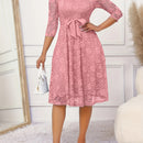 Vestido elegante con encaje floral, cinturón y dobladillo con volantes, cuello redondo y mangas 3/4, ideal para primavera y otoño, ropa de mujer