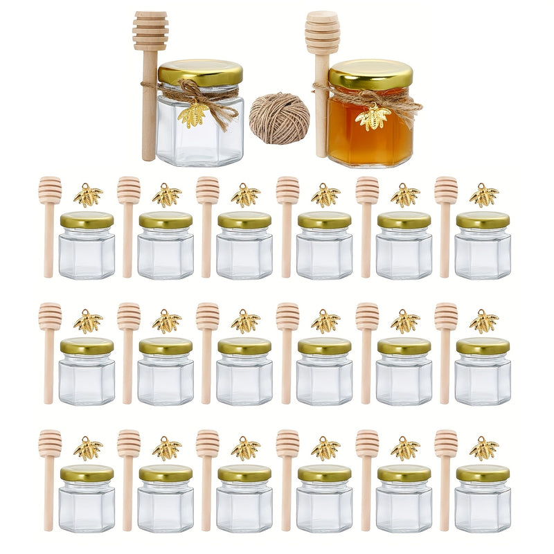 60/50/30/20 piezas de frascos de vidrio para miel, frasco hexagonal mini de 1.5 oz con cuchara de madera, tapa dorada, colgante de abeja y cuerda de yute, para mermeladas, dulces, baby shower, bodas y fiestas