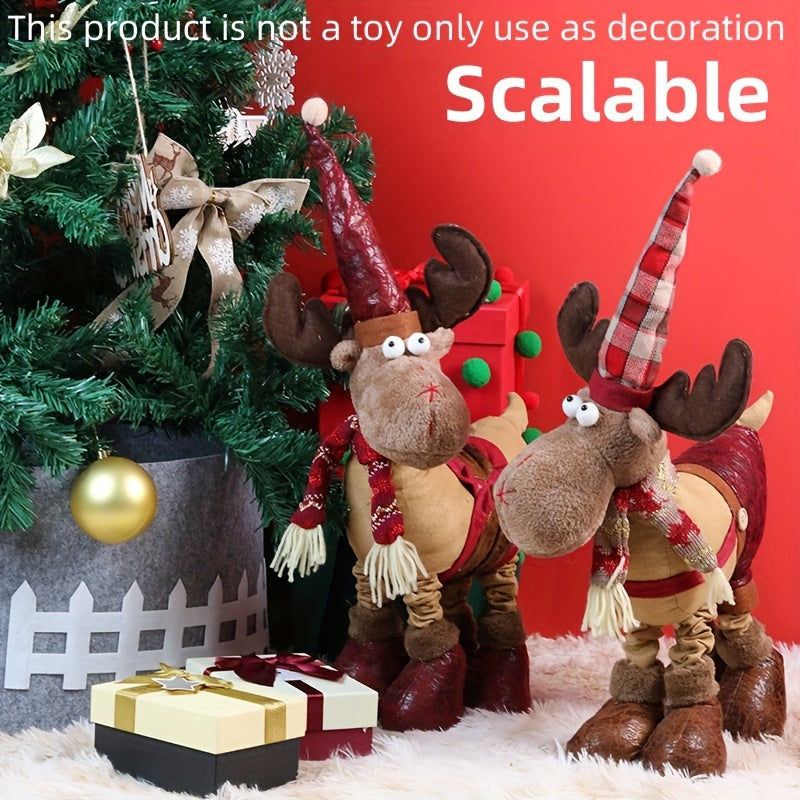 1pc Adorno Telescópico Grande de Reno con Gorro Navideño - Muñeco Decorativo Festivo de Poliéster para el Hogar, Vestíbulo de Hotel y Exhibición de Ventana, Ideal para Fiestas Temáticas Navideñas, Decoración Navideña Vintage