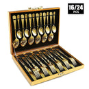 Juego de vajilla de acero inoxidable 1010 de 16/24 piezas con caja de madera, juego de vajilla de acero inoxidable de alta calidad, pulido a espejo, apto para lavavajillas, adecuado para restaurantes, cocinas, camping
