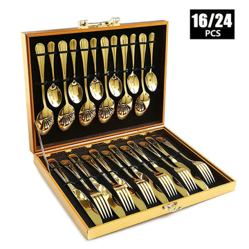 Juego de vajilla de acero inoxidable 1010 de 16/24 piezas con caja de madera, juego de vajilla de acero inoxidable de alta calidad, pulido a espejo, apto para lavavajillas, adecuado para restaurantes, cocinas, camping