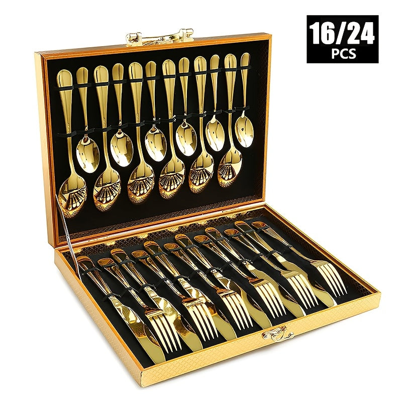 Juego de vajilla de acero inoxidable 1010 de 16/24 piezas con caja de madera, juego de vajilla de acero inoxidable de alta calidad, pulido a espejo, apto para lavavajillas, adecuado para restaurantes, cocinas, camping