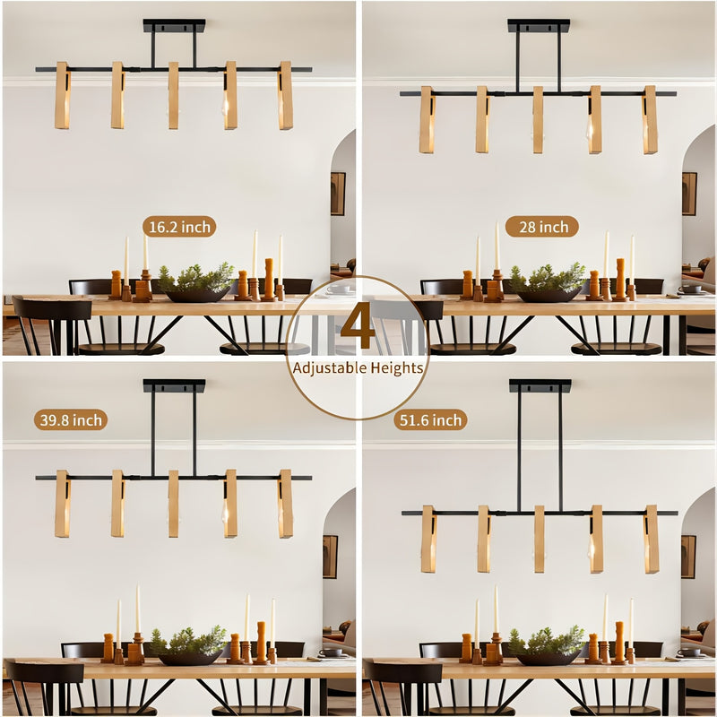 Luces de 5 Luces para Isla de Cocina, Lámpara Colgante Rústica para Comedor Estilo Granja, Araña Rectangular de Madera y Metal , Iluminación Suspendida para Sala de Estar o Bar, Base E26 (Bombillas No Incluidas)