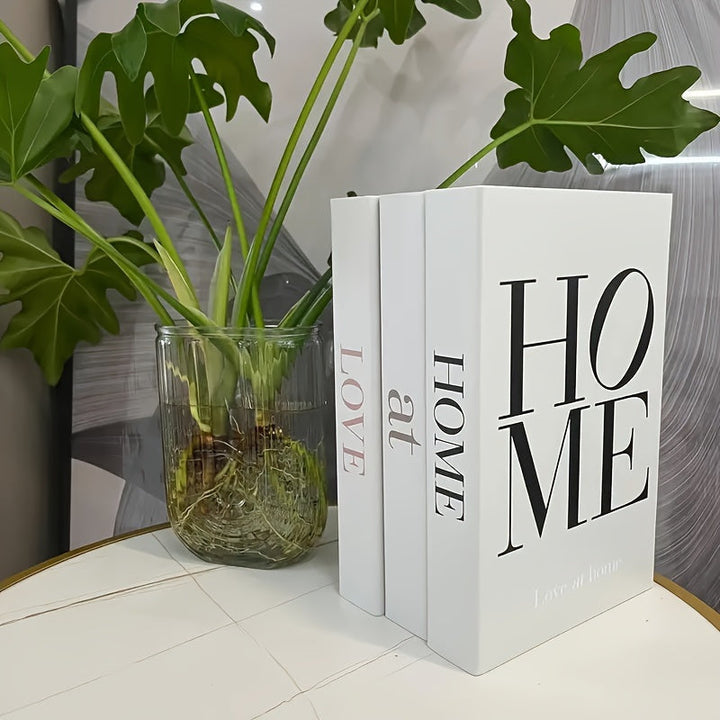 Juego de 3 Libros Decorativos - Estilo Contemporáneo de Libros Faux para Decoración del Hogar, Señales de Mesa de Papel con Texto en Inglés, Accesorios Decorativos Temáticos de Dirección para Exhibición en Estante - "Amor en Casa"