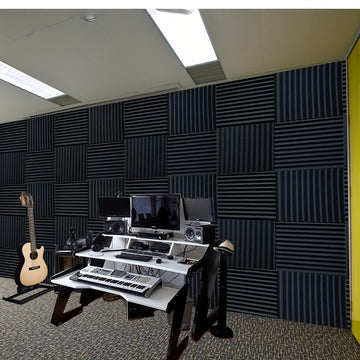96 piezas de paneles acústicos de espuma negra VIBuilt, 30.48 cm x 30.48 cm x 2.54 cm - Baldosas insonorizadas de alta densidad para estudio, sala de música y sala de juegos, reducción de ruido, fácil instalación, duraderas y absorbentes, paneles insonor