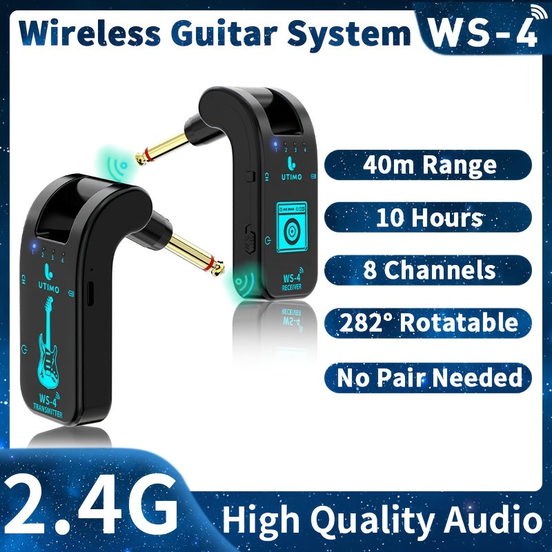 Conjunto de Transmisor y Receptor de Guitarra Recargable Inalámbrico 2.4G para Guitarra Eléctrica, Bajo, Instrumentos de Viento Eléctricos Plug and Play Transmisión en Tiempo Real de 48K/16bit con Conector Rotativo de 282 Grados