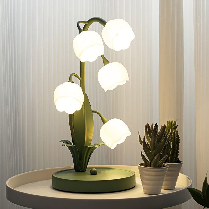 [Lámpara de Mesa de Flor Suzuran con Alimentación USB] Diseño de Flores Artificiales, Acabado Metálico Mate, Iluminación Decorativa Artística, Control con Botón de Encendido, Incluye Interfaz de Alimentación