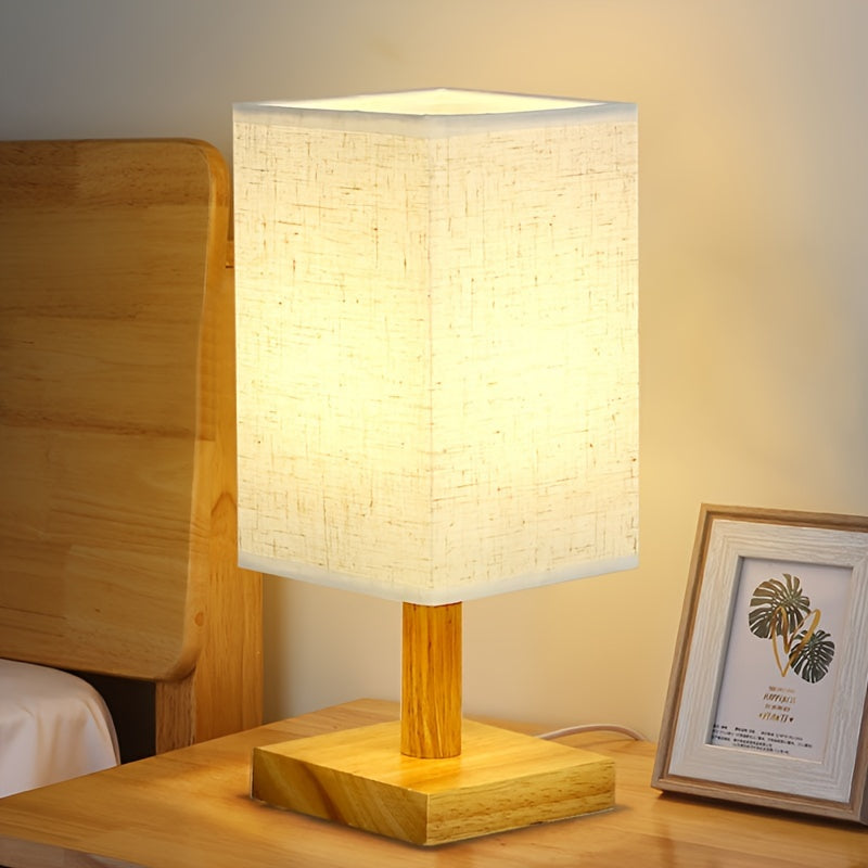 Lámpara cuadrada de base de madera moderna con pantalla de tela - Alimentada por USB, brillo ajustable, patrón geométrico, perfecta para el hogar, bar, hostal y restaurante, lámpara de mesa.