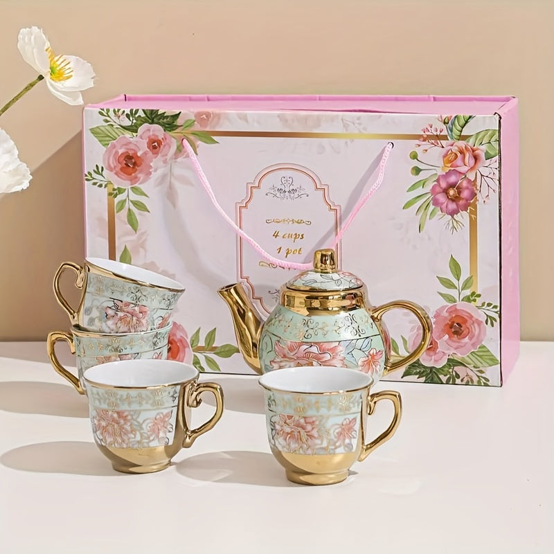 Juego de té de cerámica dorada estilo europeo, 5 piezas, incluye 1 tetera y 4 tazas, set para café, ideal para fiestas de té, restaurantes o cafeterías, en empaque de regalo