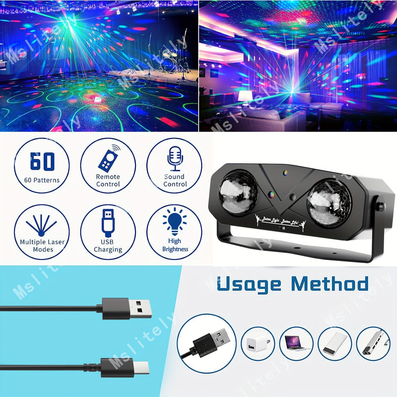 Paquete Definitivo de Fiesta Disco Mslitely: Luces de Bola Doble con Efectos de Ondas de Agua y Estrellas, 3 Luces Láser, Activación por Sonido y Control Remoto - Perfecto para Celebraciones en Casa, Cumpleaños, Halloween y Decoración Navideña