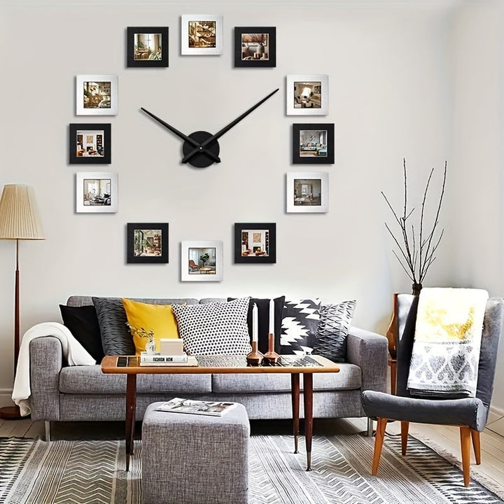 Reloj de Pared Personalizable Negro y Plateado con Álbum de Fotos - Capacidad para 12 Fotos, Funcionamiento Silencioso, Perfecto para Sala de Estar, Decoración de Dormitorio y Ocasiones Especiales, Forma Irregular