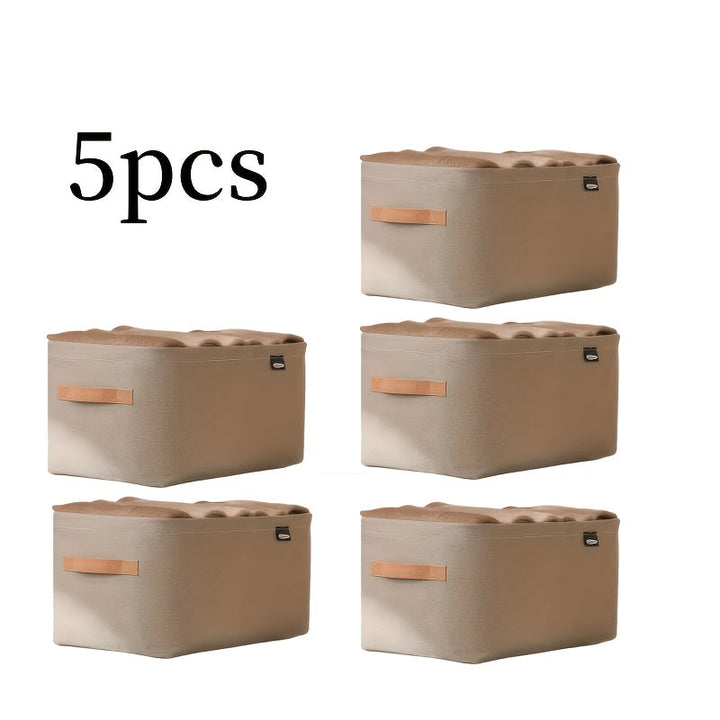 5 cajas de almacenamiento de tela khaki y gris con marco de acero grueso, capacidad para cajones de armario, organizador para ropa y pantalones, cestas de estantería