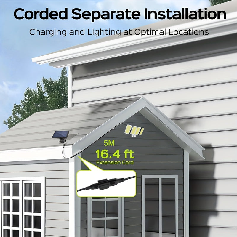 Luces Solares Exteriores de 280 LED con Sensor de Movimiento, Luces Solares IP44 con Control Remoto, 3 Modos, Reflectora Solar de 3 Cabezas para Patio, Garaje, Porche, Jardín