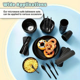 Juego de Vajilla de Plástico de 32 Piezas. Inquebrantable, Ligero para 4 Personas - Platos, Cuencos, Tazas con Tenedores, Cucharas, Cuchillos de Color Negro Sólido - Reutilizable, Apto para Microondas y Lavavajillas, Ideal para el Hogar, Picnic, Colecció