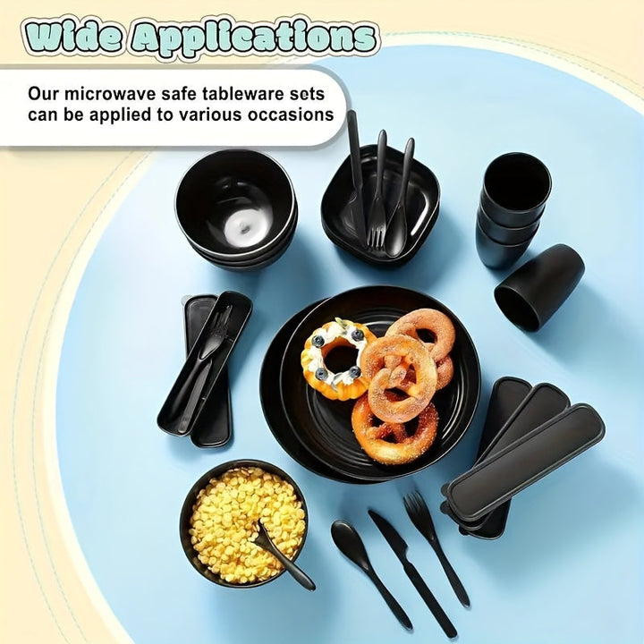 Juego de Vajilla de Plástico de 32 Piezas. Inquebrantable, Ligero para 4 Personas - Platos, Cuencos, Tazas con Tenedores, Cucharas, Cuchillos de Color Negro Sólido - Reutilizable, Apto para Microondas y Lavavajillas, Ideal para el Hogar, Picnic, Colecció