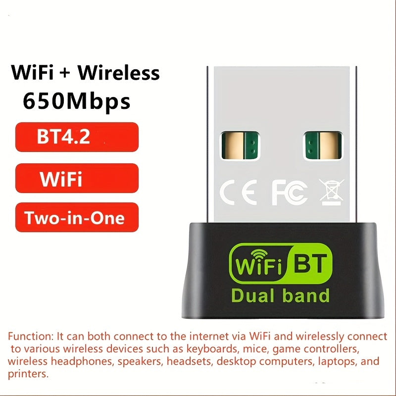 Adaptador WiFi Dual-Band de 650m, Tarjeta de Red Inalámbrica de 600m con Conexión USB – Transceptor Externo para Portátiles y Escritorios, Compatible con Teclados, Ratones, Mandos de Juego, Auriculares y Impresoras – Sin Necesidad de Controladores (Windo