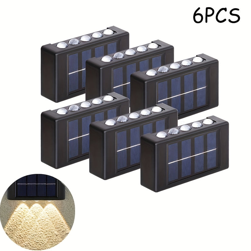 4/6/8 piezas, luz de pared solar de 10 LED, luz de atmósfera de iluminación exterior, luz decorativa de pared exterior, luz de paisaje LED para el hogar IP44, adecuada para exteriores, patio, villa, valla, balcón, terraza, jardín.